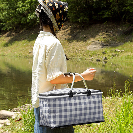 Kdkad Picnic Basket, Collapsible Shopping Basket with Lid Large Market Basket with Handles Reusable Folding Grocery Basket Insulated Cooler Bag for Picnic Travel 47x27x22cm/18.5x10.62x8.66in Black.