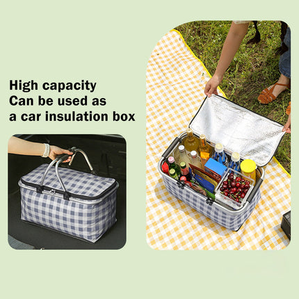 Kdkad Picnic Basket, Collapsible Shopping Basket with Lid Large Market Basket with Handles Reusable Folding Grocery Basket Insulated Cooler Bag for Picnic Travel 47x27x22cm/18.5x10.62x8.66in Black.