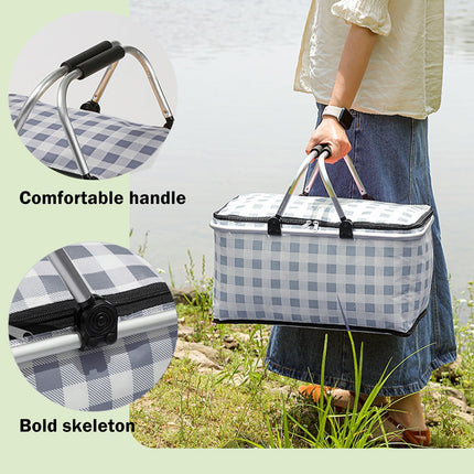 Kdkad Picnic Basket, Collapsible Shopping Basket with Lid Large Market Basket with Handles Reusable Folding Grocery Basket Insulated Cooler Bag for Picnic Travel 47x27x22cm/18.5x10.62x8.66in Black.