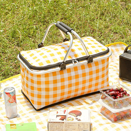 Kdkad Picnic Basket, Collapsible Shopping Basket with Lid Large Market Basket with Handles Reusable Folding Grocery Basket Insulated Cooler Bag for Picnic Travel 18.5×8.7×10.6 in Pink