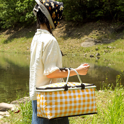 Kdkad Picnic Basket, Collapsible Shopping Basket with Lid Large Market Basket with Handles Reusable Folding Grocery Basket Insulated Cooler Bag for Picnic Travel 18.5×8.7×10.6 in Yellow.