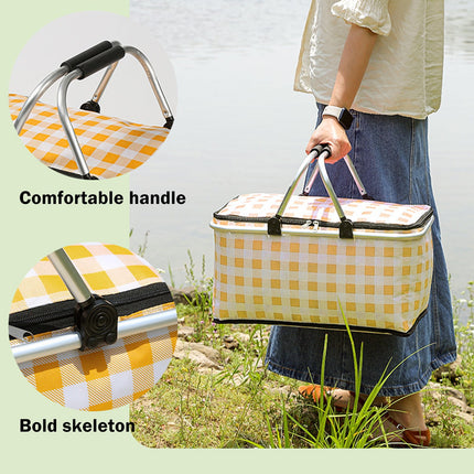 Kdkad Picnic Basket, Collapsible Shopping Basket with Lid Large Market Basket with Handles Reusable Folding Grocery Basket Insulated Cooler Bag for Picnic Travel 18.5×8.7×10.6 in Yellow.