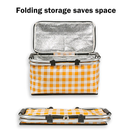 Kdkad Picnic Basket, Collapsible Shopping Basket with Lid Large Market Basket with Handles Reusable Folding Grocery Basket Insulated Cooler Bag for Picnic Travel 18.5×8.7×10.6 in Yellow.