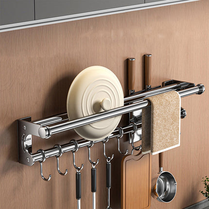 Kdkad Kitchen Organization and Storage Rack, Wall Mounted Pots and Pans Rack, Stainless Steel Metal Wall Shelf with Hooks for Hanging Pots and Pans for Kitchen Bathroom Bedroom Pantry 40 * 9 * 9cm/15.75 * 3.54 * 3.54inch S_ilver.
