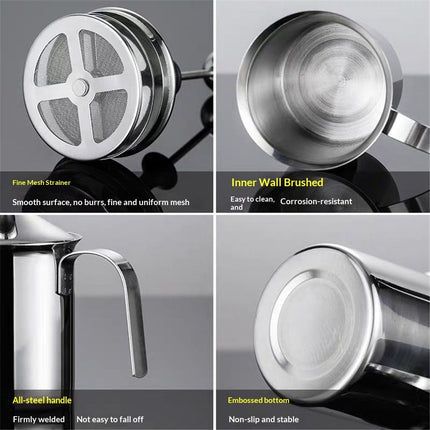Milk Frother, 304 Stainless Steel Manual Milk Foamer, Handheld Coffee Milk Frothing Pitchers, Manual Operated,  for Cappuccino Coffee Latte Hot Chocolate(400ML)