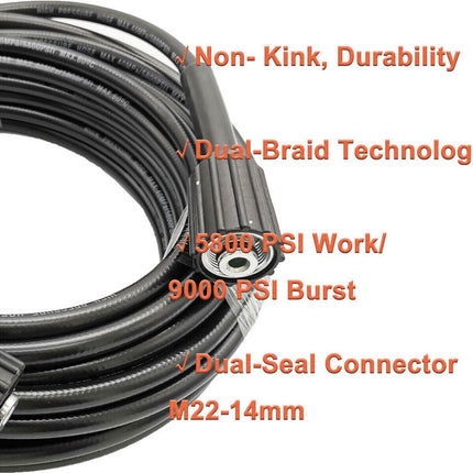15M (50FT) High-Pressure Washer Hose - 5800 PSI Heavy-Duty Cleaning Hose with Longer Ring Nut.