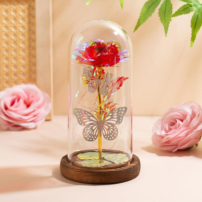 Red & Silver Butterfly Flower Lamp - Decorative LED Table Lamp for Romantic Ambiance.
