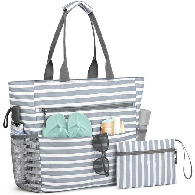 Gray Striped Beach Bag - Spacious Lightweight Tote for Travel, Pool & Vacation
English Description:.