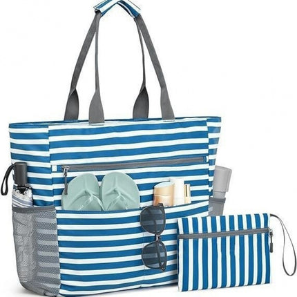 Blue Striped Beach Bag - Spacious Lightweight Tote for Travel, Pool & Summer Getaways.