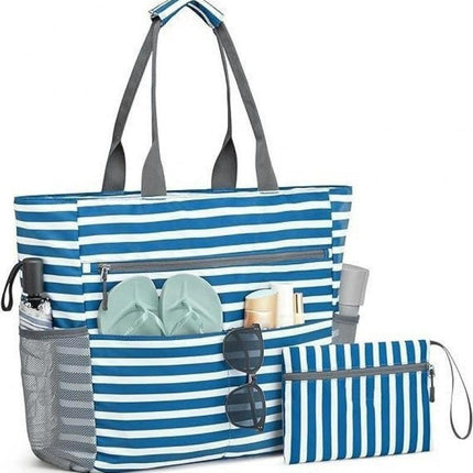 Blue Striped Beach Bag - Spacious Lightweight Tote for Travel, Pool & Summer Getaways.