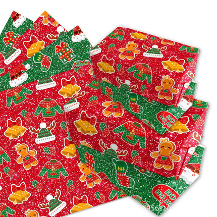 Gift Wrapping Paper Style WZ025 - Red & Green Reindeer & Gingerbread Man Design (12-Sheet Set).