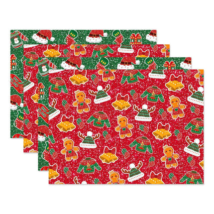 Gift Wrapping Paper Style WZ025 - Red & Green Reindeer & Gingerbread Man Design (12-Sheet Set).