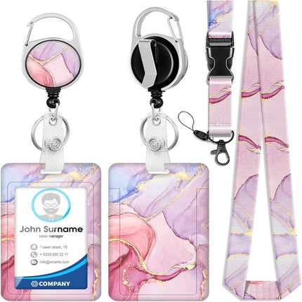 1pc card holder, pink marble-patterned tag, badge scroll, retractable easy-pull buckle, detachable lanyard.
