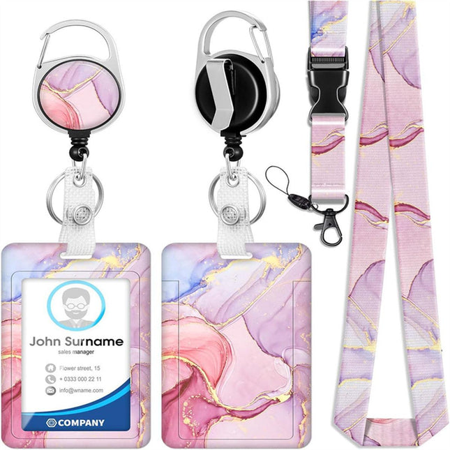 1pc card holder, pink marble-patterned tag, badge scroll, retractable easy-pull buckle, detachable lanyard.