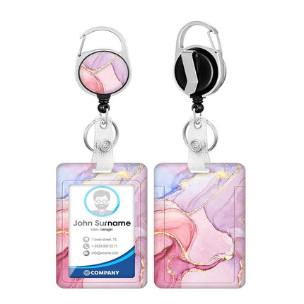 1pc card holder, pink marble-patterned tag, badge scroll, retractable easy-pull buckle, detachable lanyard.