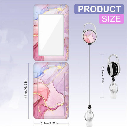 1pc card holder, pink marble-patterned tag, badge scroll, retractable easy-pull buckle, detachable lanyard.