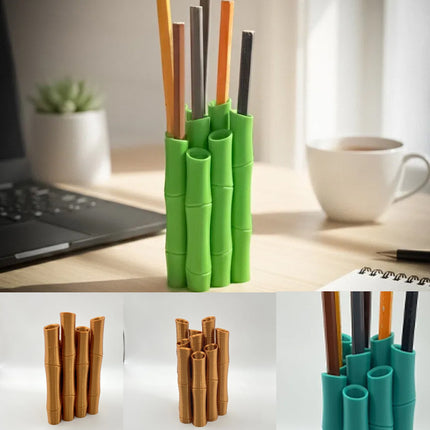 A 3D-printed bamboo pen holder can hold pens, pencils, markers, or drawing tools, adding a tranquil and natural atmosphere while keeping the work area tidy..