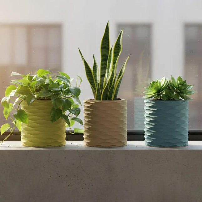 3D Printed Modern Wave Flower Pot - Water-Storing Rotating Base, Light Blue, Single Piece.