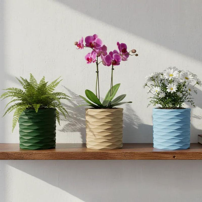 3D Printed Modern Wave Flower Pot - Water-Storing Rotating Base, Light Blue, Single Piece.