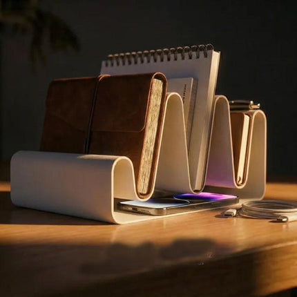 3D Printed Streamlined Desktop Organizer - Minimalist Desktop Stand (White).