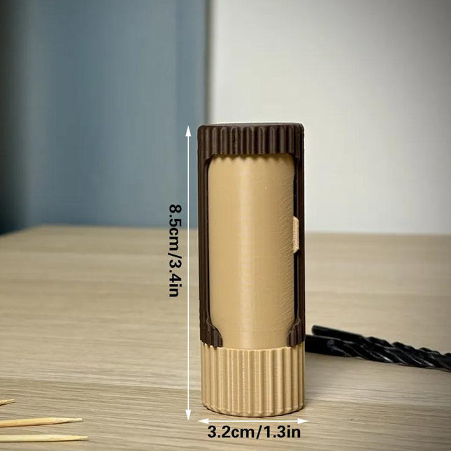 3D-printed compact rotating organizer capsule, 1.3 inches long x 3.4 inches high..