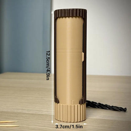 3D-printed compact rotating organizer capsule, 1.5 inches long x 4.9 inches high..