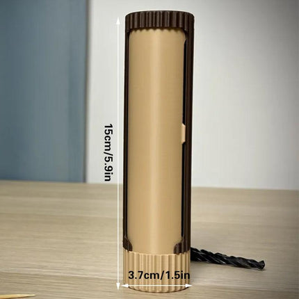 3D-printed compact rotating organizer capsule, 1.3 inches long x 5.9 inches high..