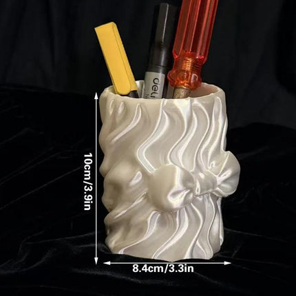 Sweet Bow Silk Pen Holder, White Silk.