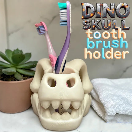 3D-printed dinosaur skull toothbrush holder, white.