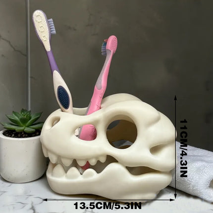 3D-printed dinosaur skull toothbrush holder, white.