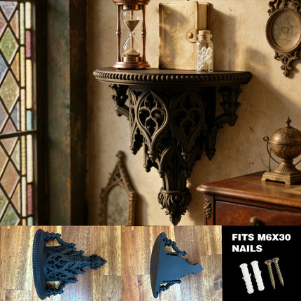 Lightweight 3D-printed scroll wall shelf, black, with m6x30 nails..