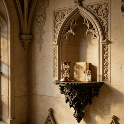 Lightweight 3D-printed scroll wall shelf, black, with m6x30 nails..