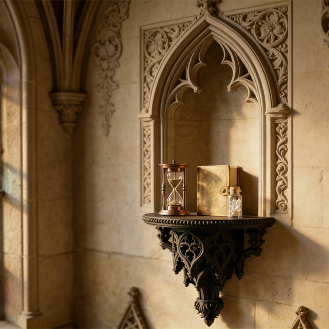 Lightweight 3D-printed scroll wall shelf, black, with m6x30 nails..