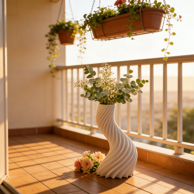 3D-printed spiral striped vase, perfect for small indoor plants, white..