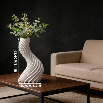 3D-printed spiral striped vase, perfect for small indoor plants, white..