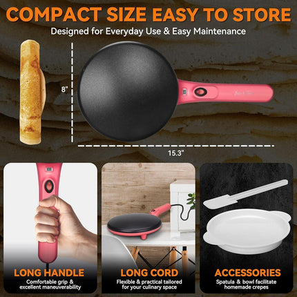 Electric Crepe Maker, 8-Inch Portable Nonstick Crepe Machine with Handle, Compact Household Pancake & Tortilla Maker for Eggs, Crepes, Blintzes, and Wraps.