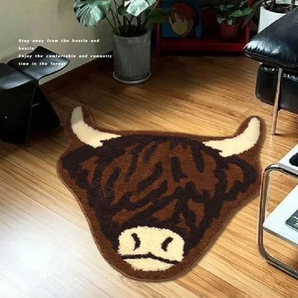 American Style Brown Bull Head Flocked Rug, Bedroom Bedside Rug, Bathroom Doorway Absorbent Mat, Non-Slip Toilet Mat.