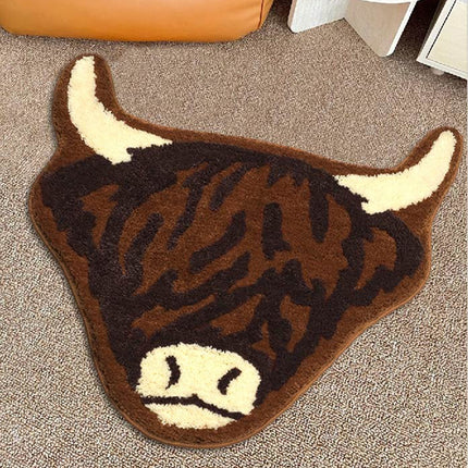 American Style Brown Bull Head Flocked Rug, Bedroom Bedside Rug, Bathroom Doorway Absorbent Mat, Non-Slip Toilet Mat.