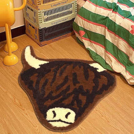 American Style Brown Bull Head Flocked Rug, Bedroom Bedside Rug, Bathroom Doorway Absorbent Mat, Non-Slip Toilet Mat.