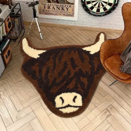American Style Brown Bull Head Flocked Rug, Bedroom Bedside Rug, Bathroom Doorway Absorbent Mat, Non-Slip Toilet Mat.