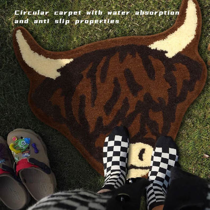 American Style Brown Bull Head Flocked Rug, Bedroom Bedside Rug, Bathroom Doorway Absorbent Mat, Non-Slip Toilet Mat.
