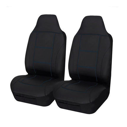 Universal Lavish Front Seat Covers Size 60/25 | Black/Blue Stitching.