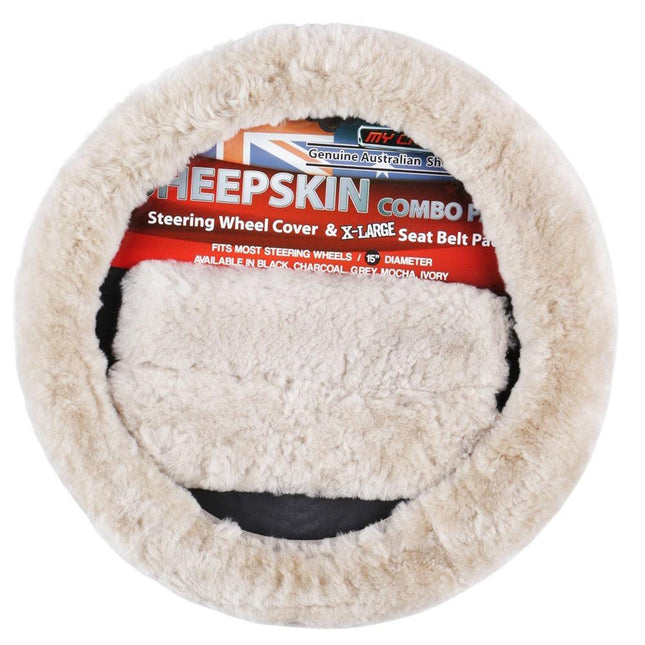 Sheepskin Steering Wheel Cover & Seat Belt Pads Combo Luxury - Mocha.