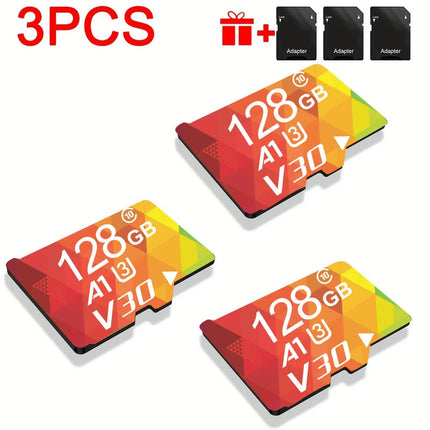 3PCS 128G Memory Cards, U3 A1 Class 10, Up To 100MB/s, Micro SD TF For Security Monitor/Full HD Video Recording/Tablet/Phone/ Surveillance Camera/Dash Camera/Car Speaker/Game Console.