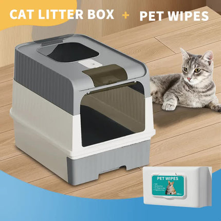 Huge Cat Litter Box Bundle with Free 80 Pet Wipes & Scoop, Drawer Type Enclosed Potty, Anti-Splashing Cat Toilet Kit for Big Cats.