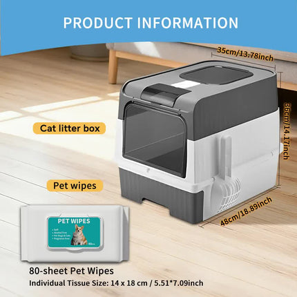 Huge Cat Litter Box Bundle with Free 80 Pet Wipes & Scoop, Drawer Type Enclosed Potty, Anti-Splashing Cat Toilet Kit for Big Cats.