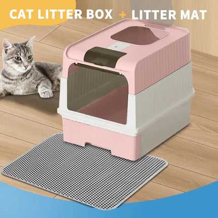 Huge Cat Litter Box Bundle with Free Litter Mat & Scoop,Drawer Type Enclosed Potty, Anti-Splashing Cat Toilet Cleaning Kit for Big Cats.