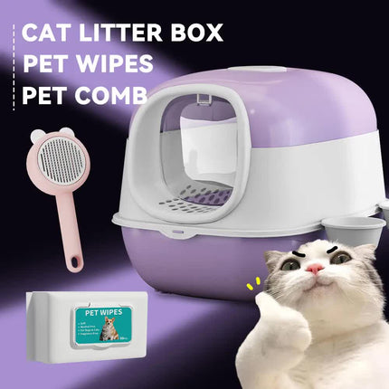 Huge 56cm Cat Litter Box Bundle with Free Pet Comb & 80 Wipes, Hooded Enclosed Potty with Drawer, Anti-Splashing Cat Toilet Cleaning Kit for Big Cats.