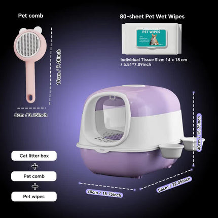 Huge 56cm Cat Litter Box Bundle with Free Pet Comb & 80 Wipes, Hooded Enclosed Potty with Drawer, Anti-Splashing Cat Toilet Cleaning Kit for Big Cats.