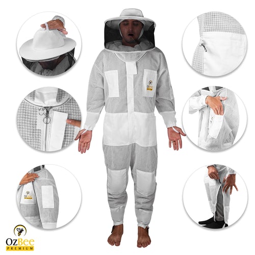 OZBee Premium Full Suit 3 Layer Mesh Ultra Cool Ventilated Round Head Beekeeping Protective Gear Size  2XL.